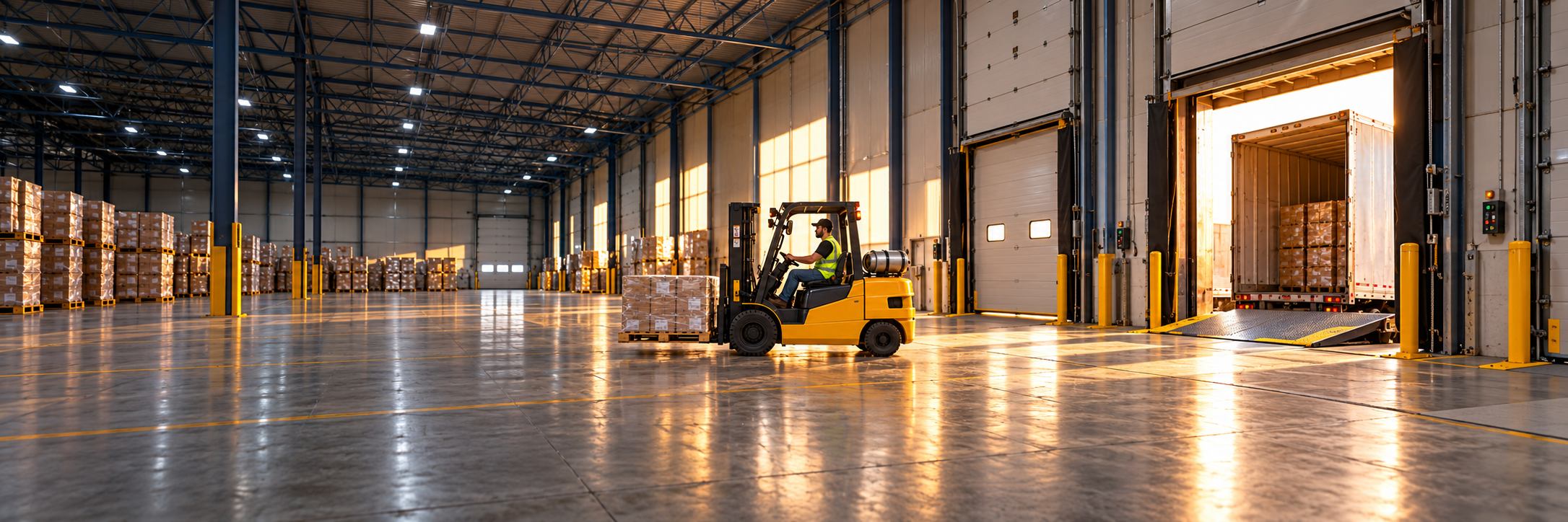 Illustrative warehouse interior with dock levelers and a forklift operator in a reflective safety vest in the background